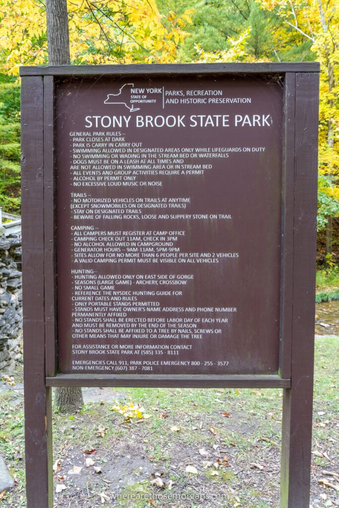 Brown wooden entrance sign to Stony Brook State Park