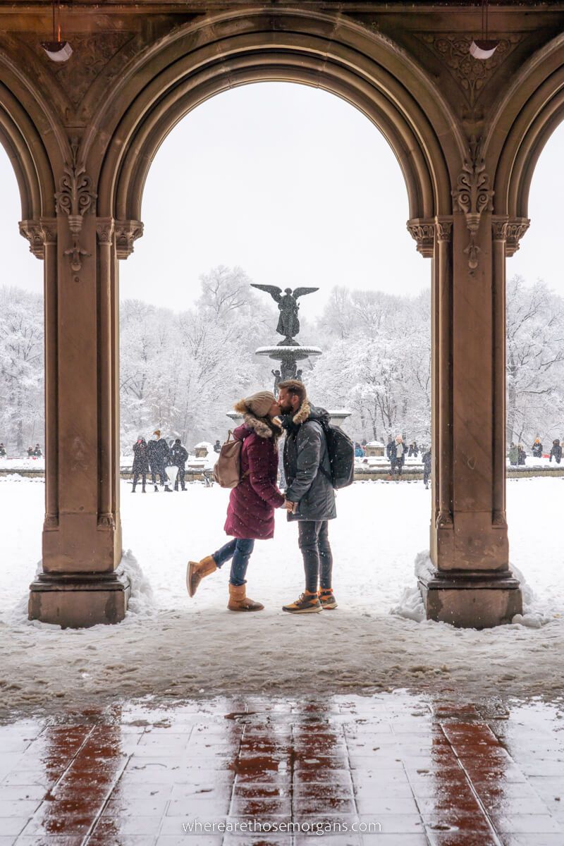 Mark and Kristen Morgan from Where Are Those Morgans kissing at Bethesda Terrace in New York City
