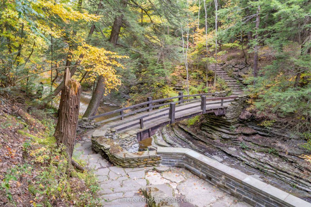 Stone staircase and wooden bridge along at East Rim Trail
