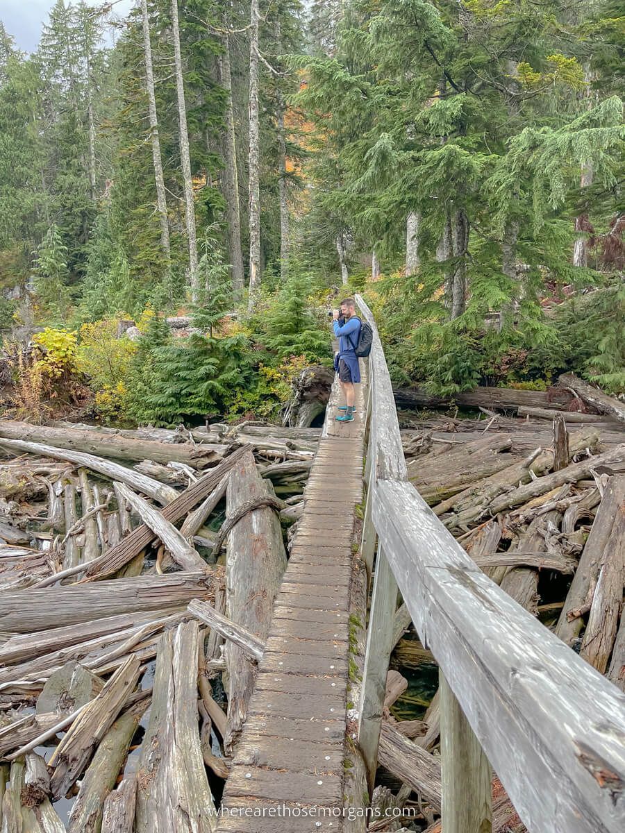 Hike standing on a narrow broken wooden bridge taking photos with a camera