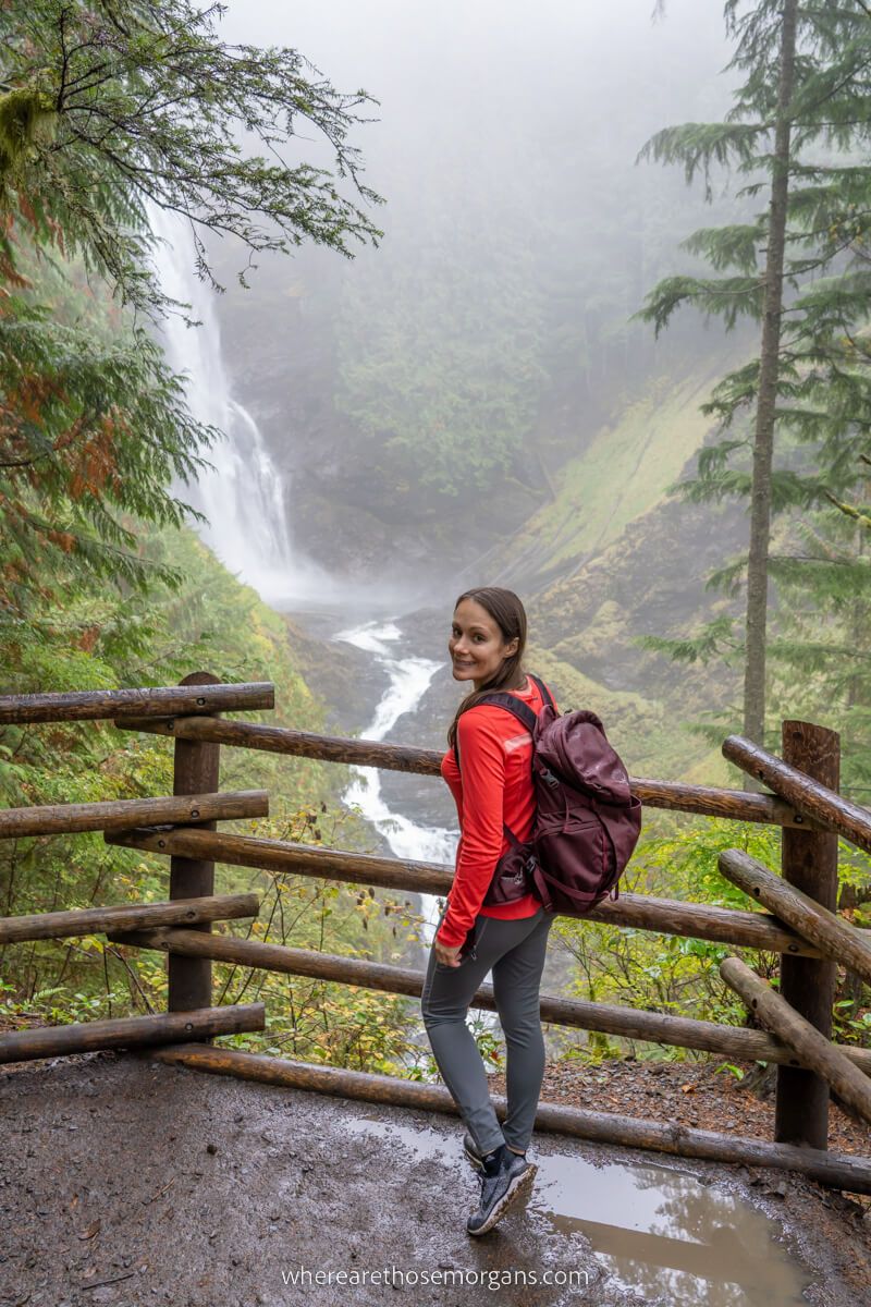 Hiker enjoying the view over Middle Wallace Falls in Washington