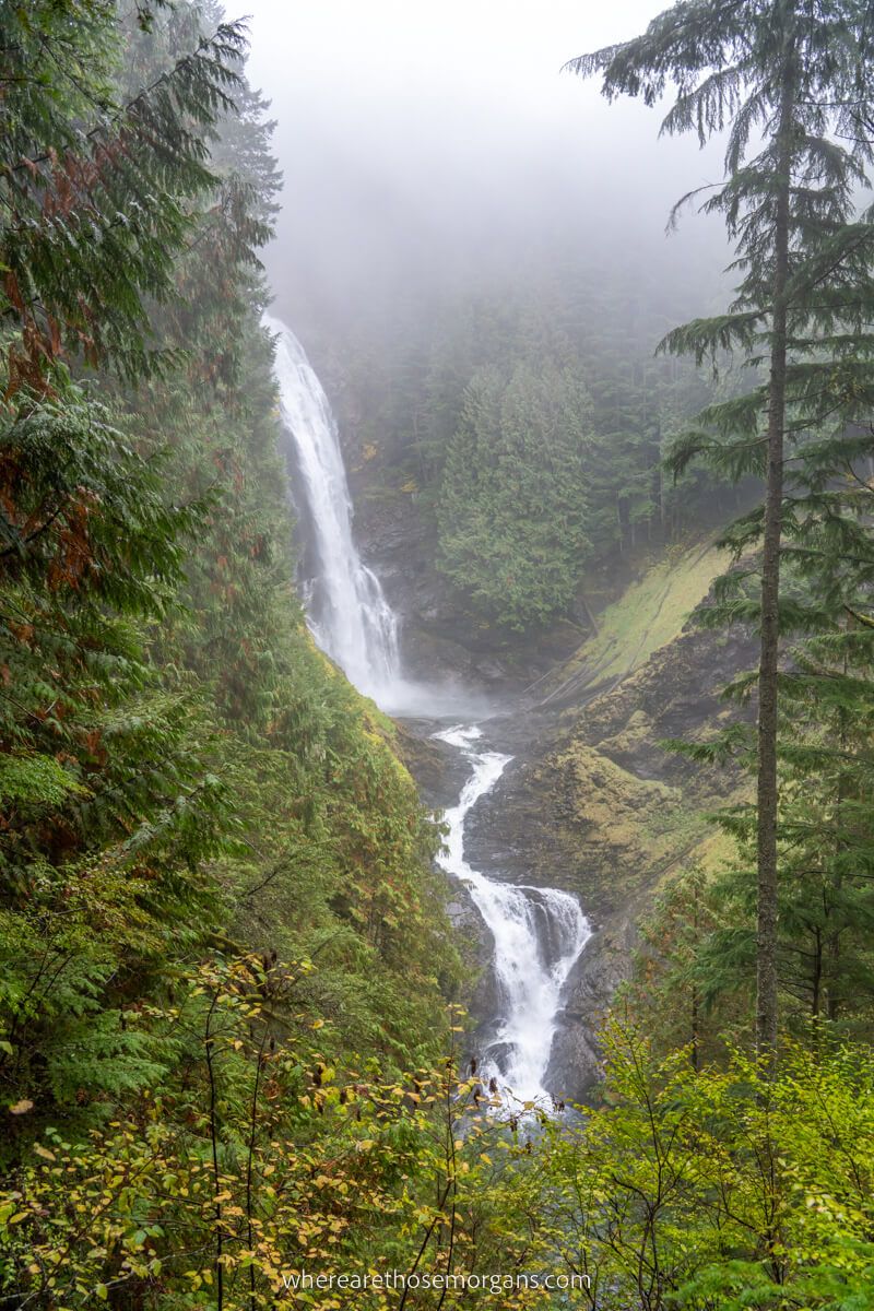 Middle Wallace Falls the highlight of Wallace Falls State Park in Washington tall waterfall plunging through multiple tiers with trees to either side