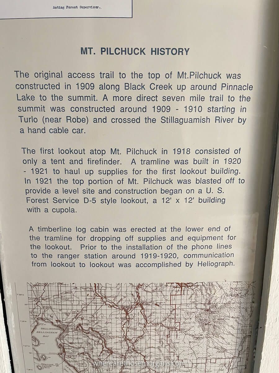 The history of Mt Pilchuck lookout tower photo taken from information board inside