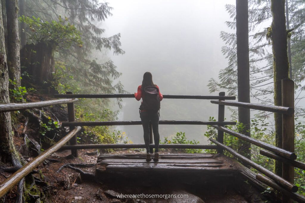 Hiker looking over a wooden barrier to a waterfall shrouded in mist