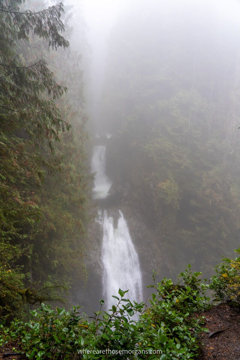 Upper Wallace Falls at the end of Woody Trail hike shrouded in mist