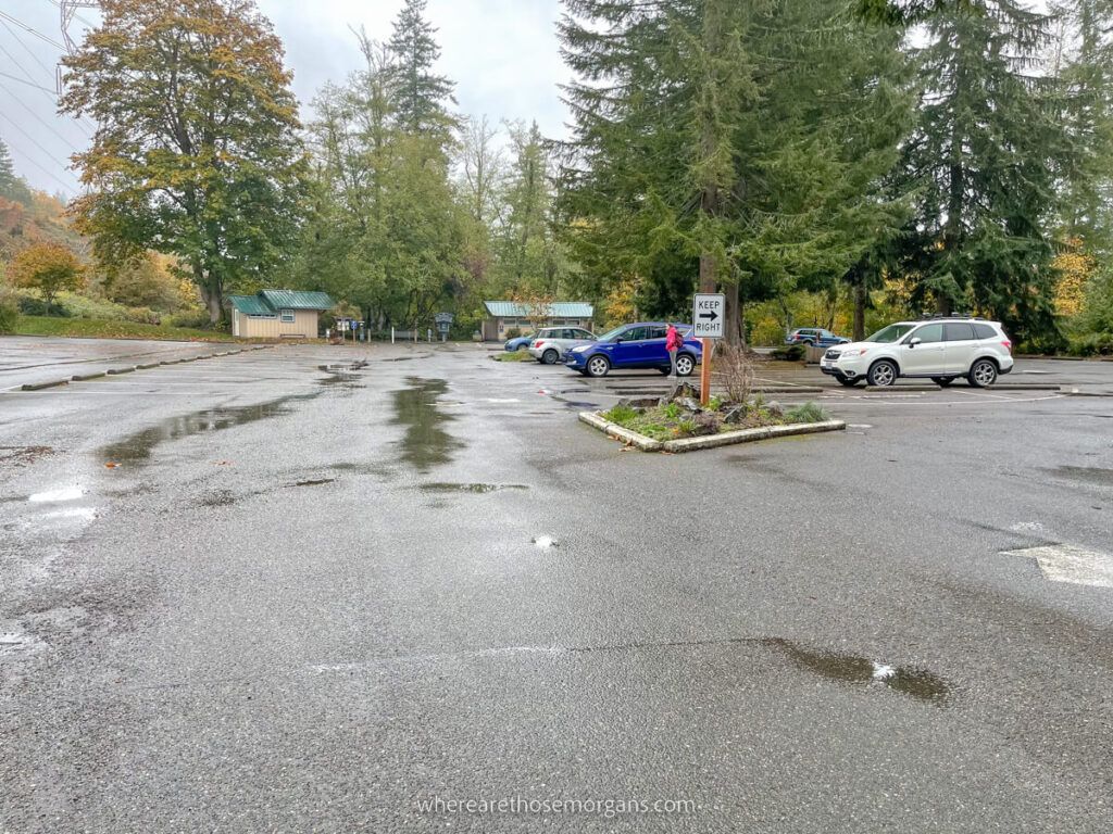 Wallace Falls State Park Washington parking lot on a rainy day in October with plenty of spaces