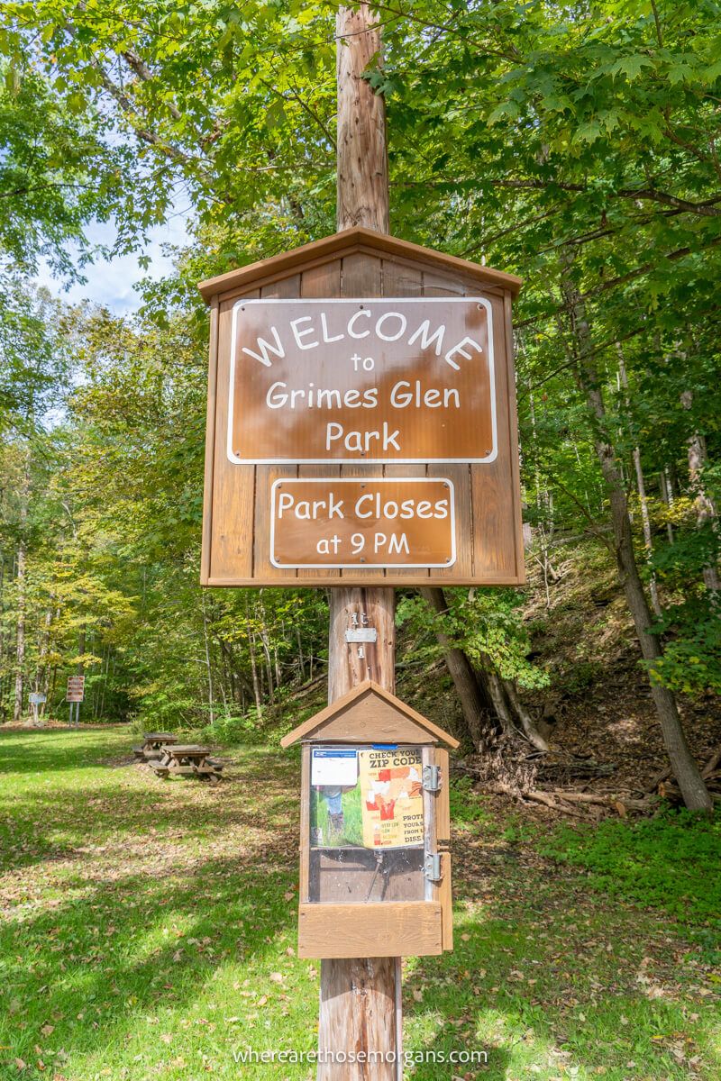 Brown entrance sign to Grimes Glen Park