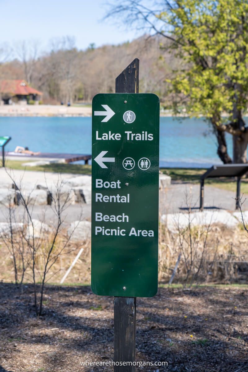 Lake Trail and beach sign directing visitors