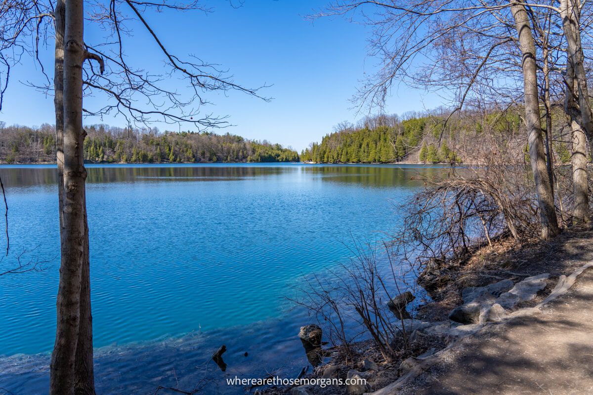 Stunning blue lake with a hiking trail and bare trees in spring
