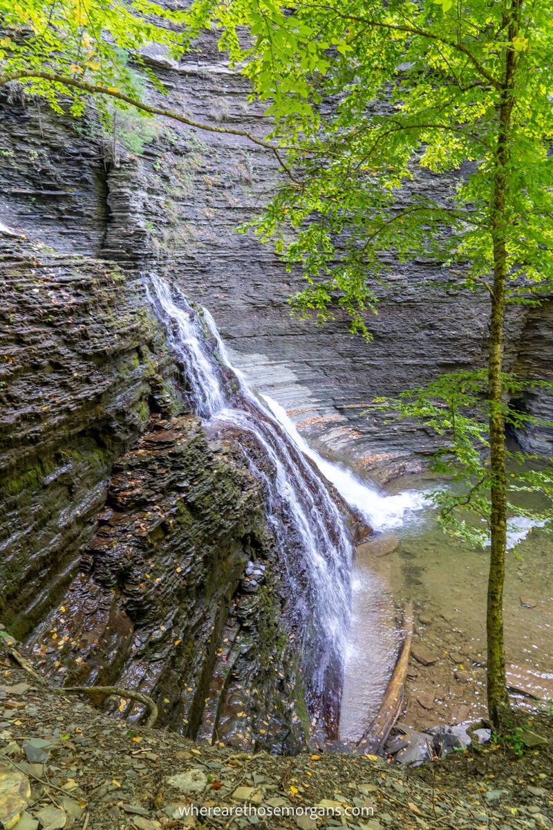 Side profile of a popular waterfall in Grimes Glen Park