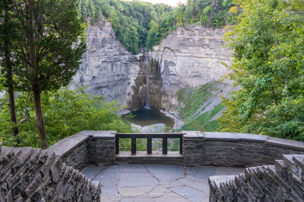 Taughannock Falls Overlook in fall with a small plunging waterfall