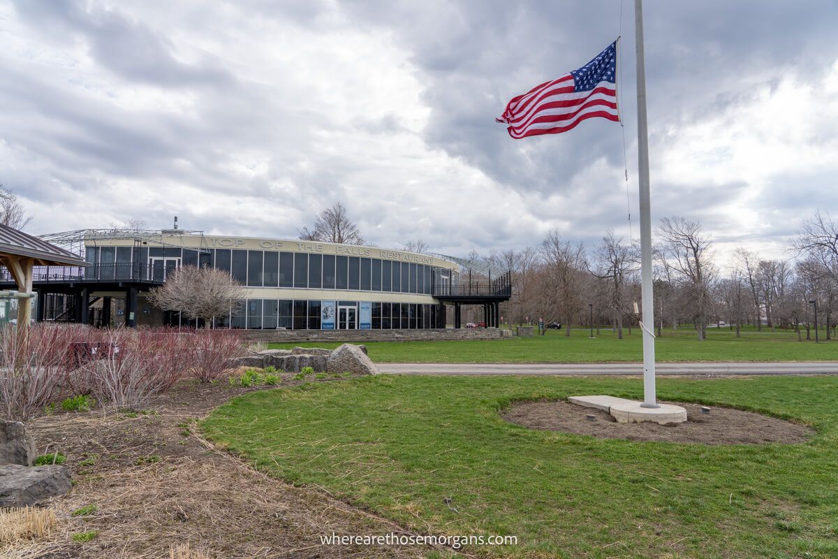 American flag flying outside Top of the Falls Restaurant
