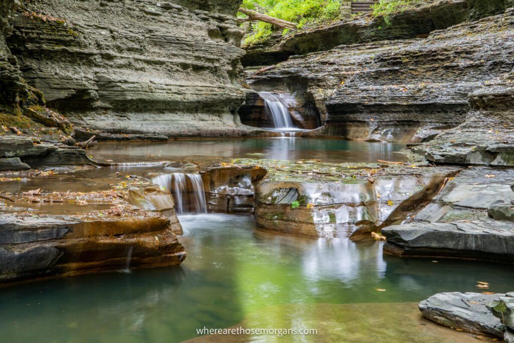 Two cascading waterfalls at Buttermilk Falls State Park near Ithaca New York