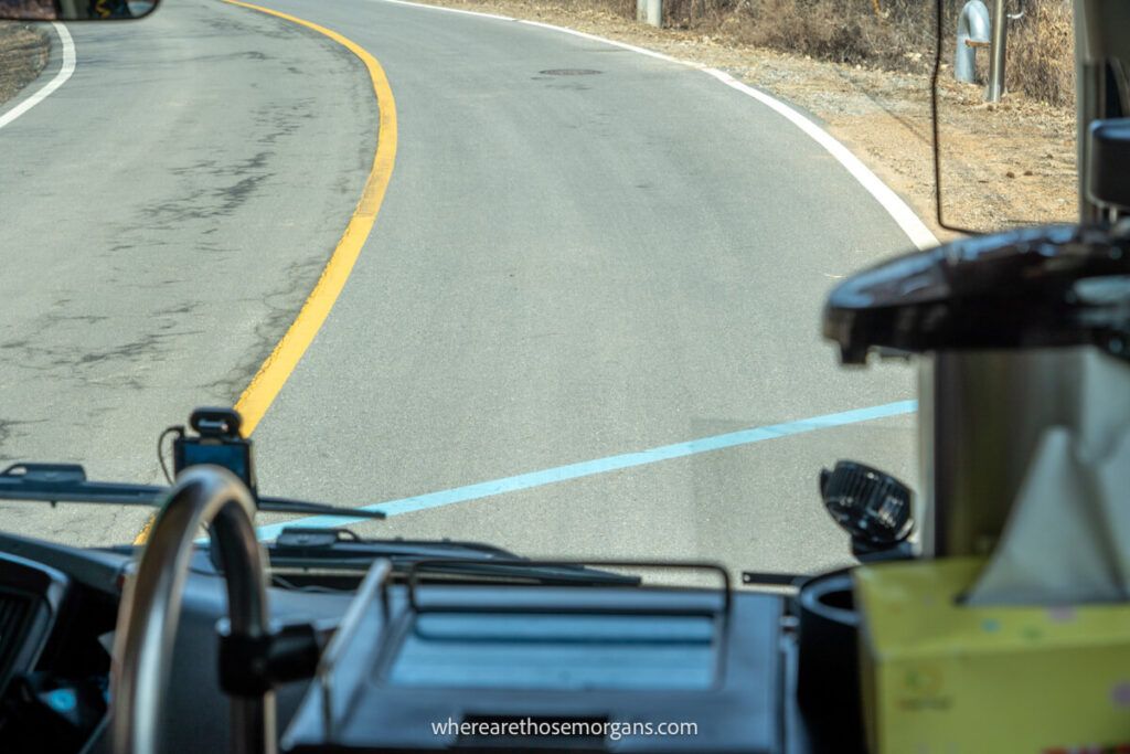 Blue line in the road marking the official start of the DMZ
