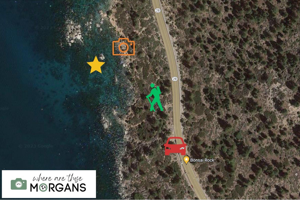 Map showing where to park, hike and photograph Bonsai Rock in Lake Tahoe, Nevada