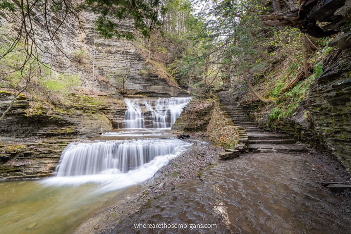 Cascadilla Gorge Trail running heavily with water and moss on the stairs