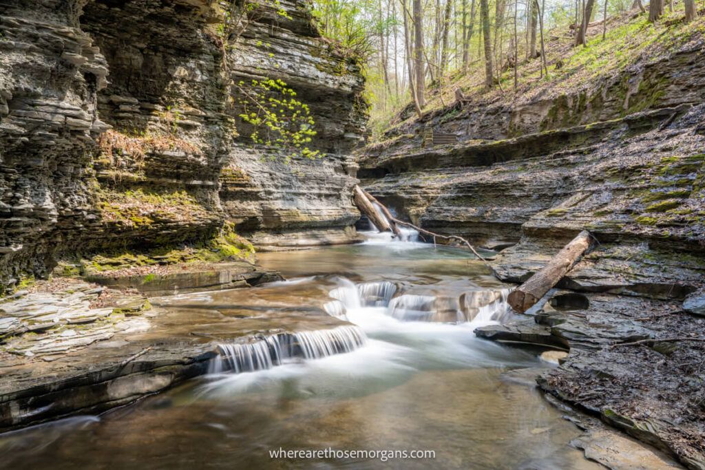 Several small cascading waterfalls in Buttermilk Gorge