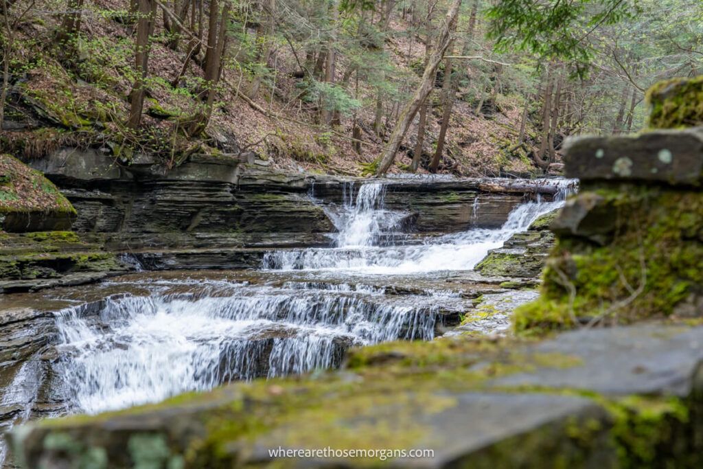 Small cascading waterfalls with moss in the foreground
