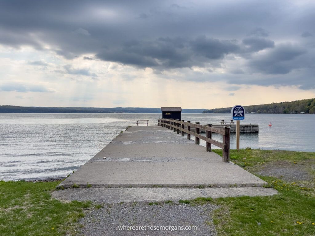 Dock with picnic table at the end of Cayuga Lake near Taughannock Falls State Park