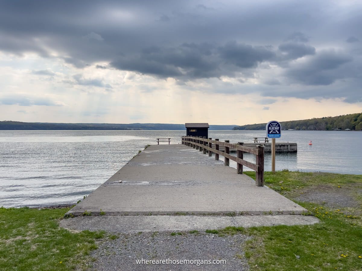 Dock with picnic table at the end of Cayuga Lake