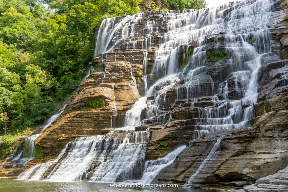 Close up of a waterfall in late summer with low volume of water flowing