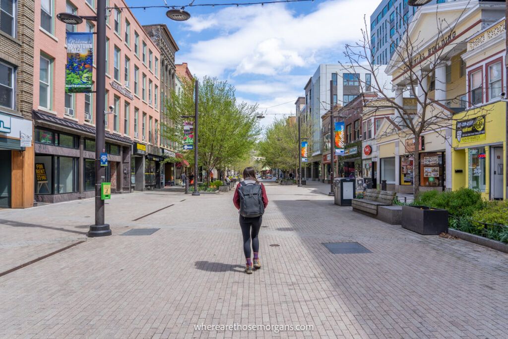 Woman walking down the center of the Ithaca Commons