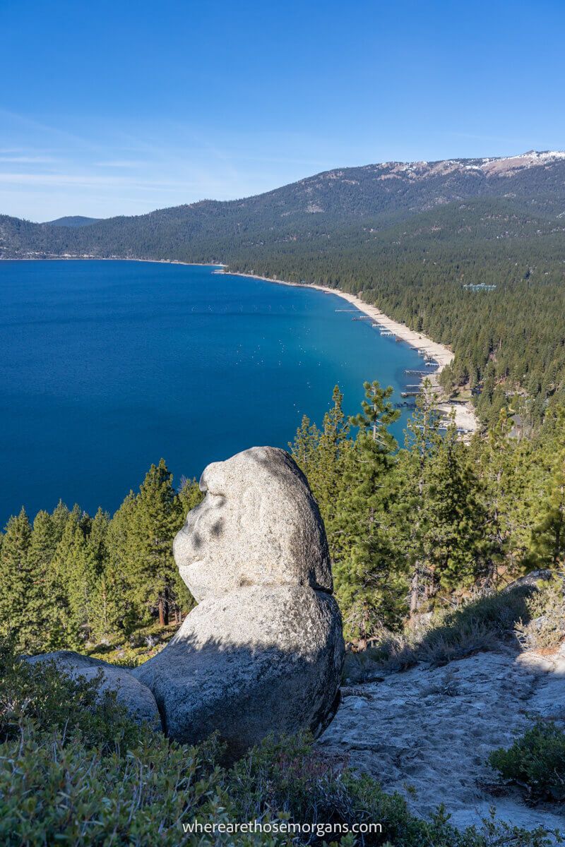 Money Rock formation with the edges of Lake Tahoe in the background