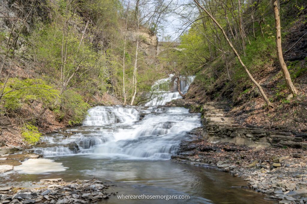 Stone arch bridge and waterfall in Ithaca, New York