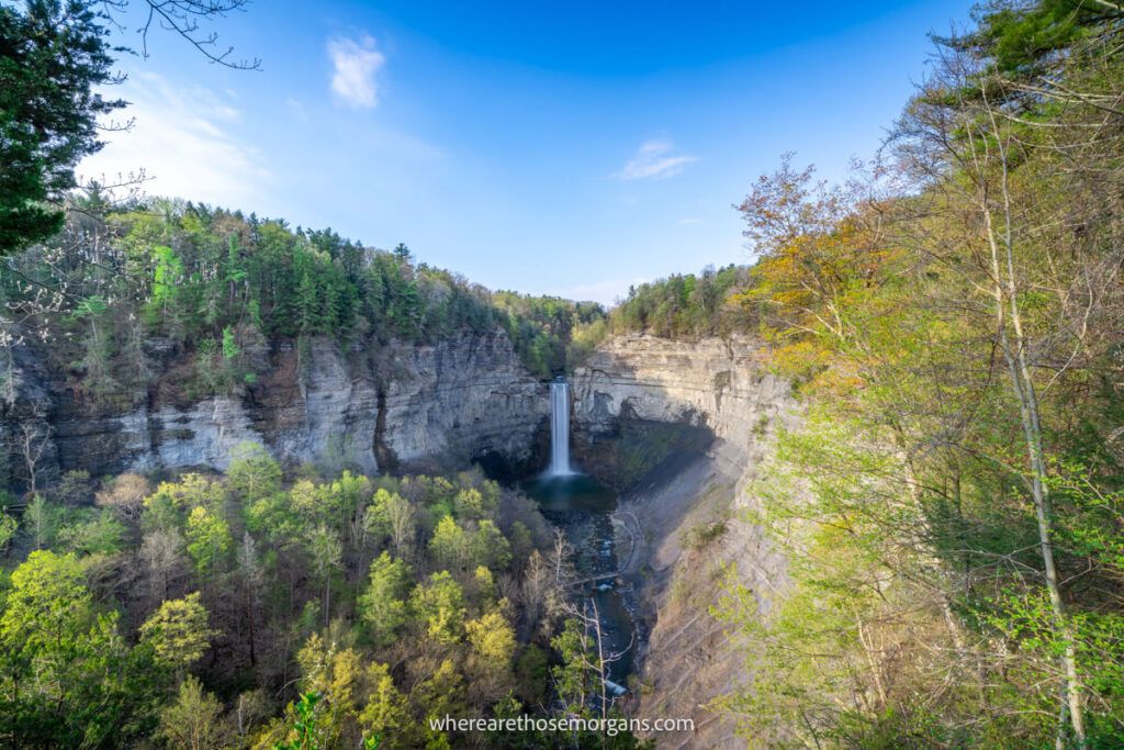 Taughannock Gorge showcasing the very powerful Taughannock Falls in spring with lush green vegetation