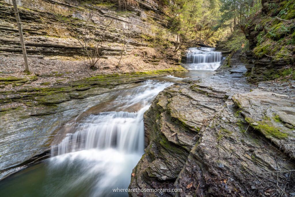 Two cascading waterfalls along Buttermilk Gorge