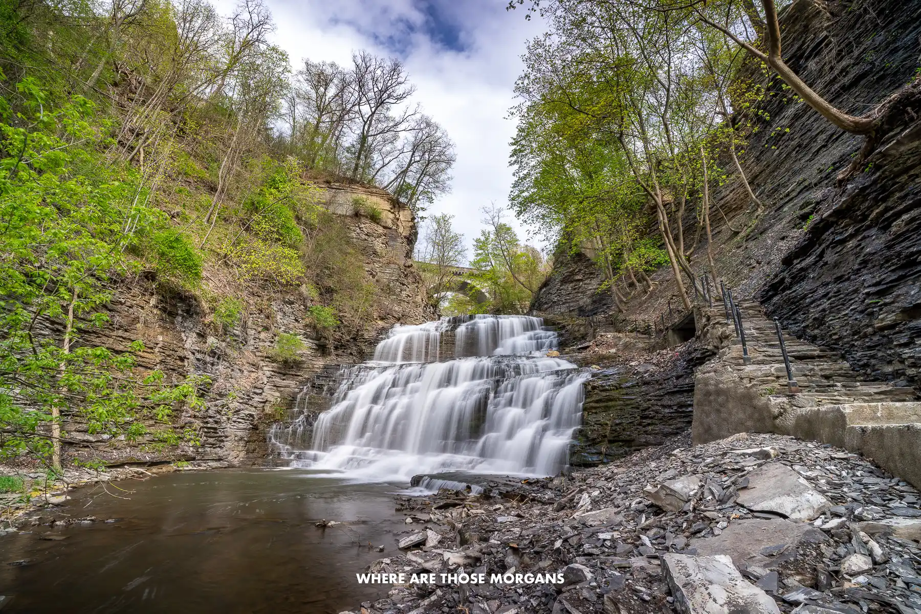 Photo of a waterfall flowing through a gorge with staircase to the side and trees behind