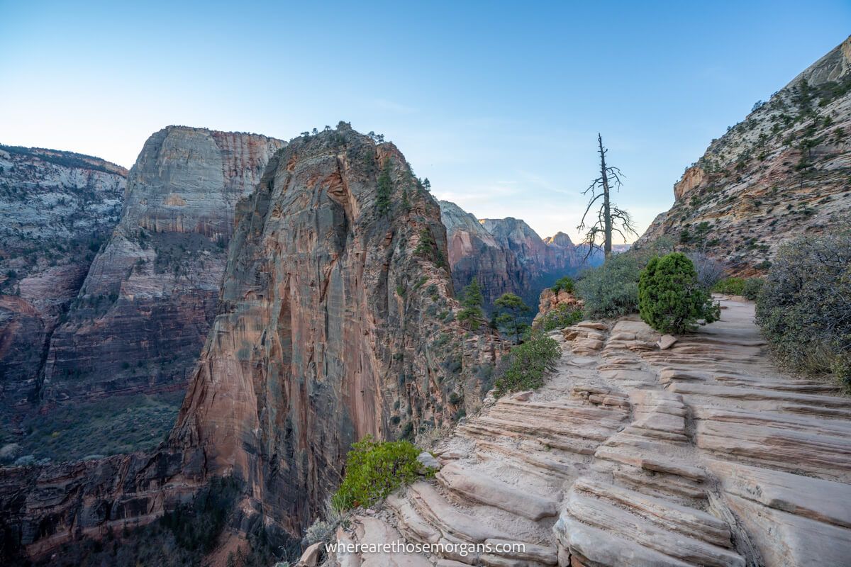 Angels Landing in Zion at sunrise with no hikers on the trail one of the best things to do on a zion to bryce canyon road trip