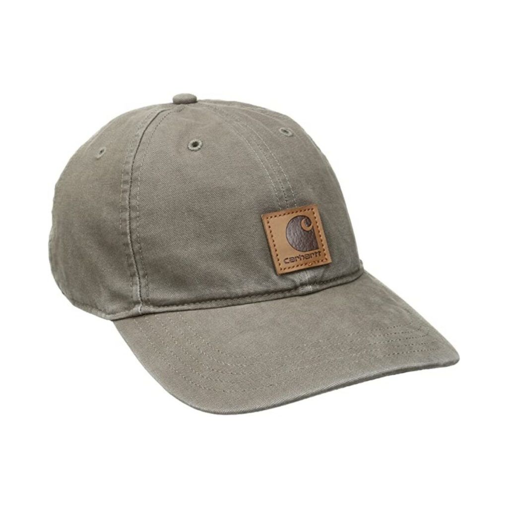 A light green Carhart hat for sun protection