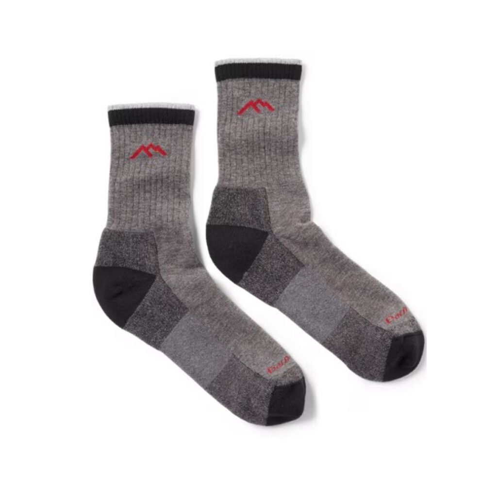 A paid of Grey Hiker Crew Darn Tough socks