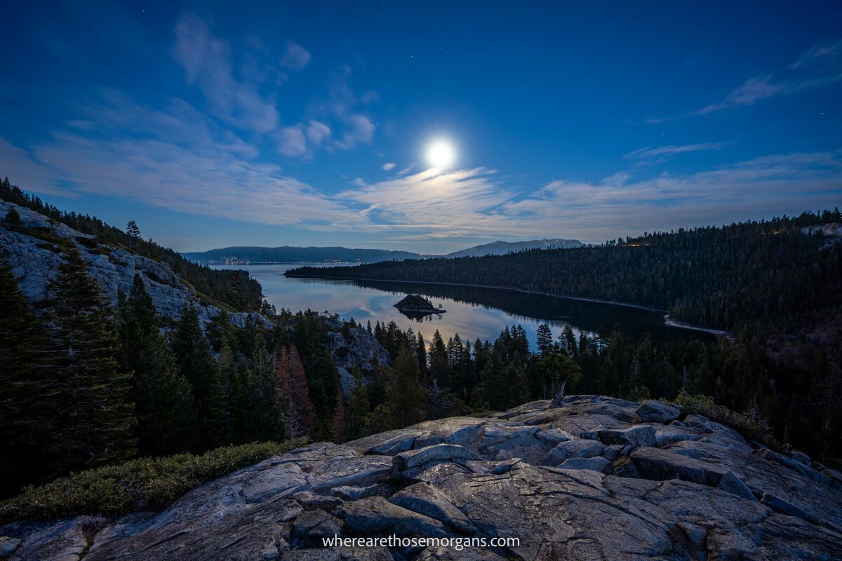 Moonlight over Emerald Bay State Park in Lake Tahoe at night