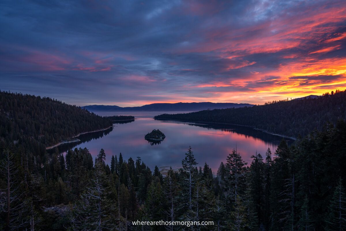 Exceptionally colorful clouds at sunrise over Emerald Bay in Lake Tahoe