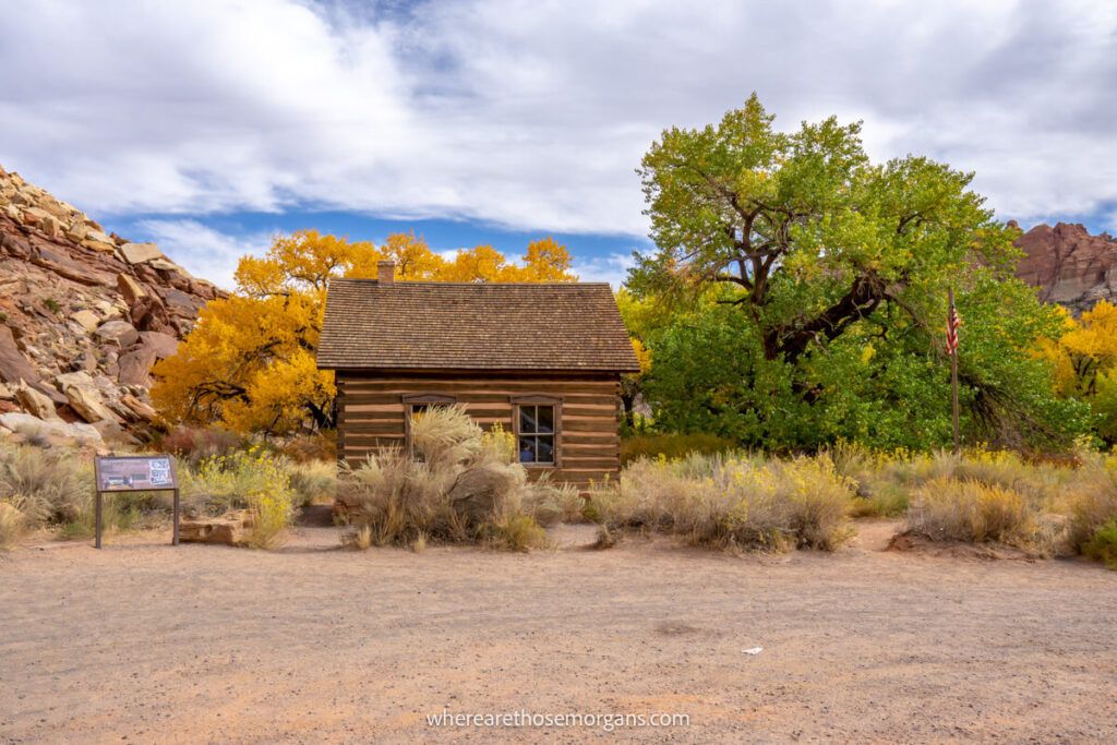 Fruita school house and an informational sign in Capitol Reef