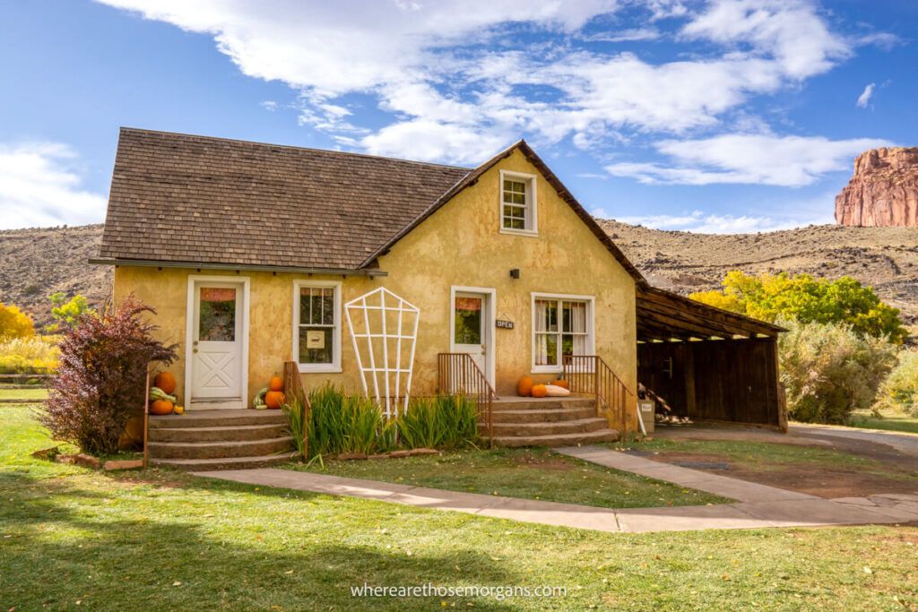 View of the Yellow Gifford house decorated with pumpkins for the fall season