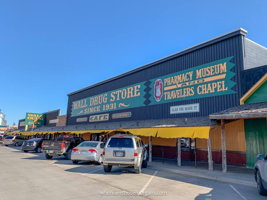 Wall drug store front view with cars in parking lot