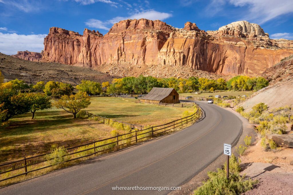 Stunning view of Fruita Barn and red rocks, one of the best photo locations in Capitol Reef