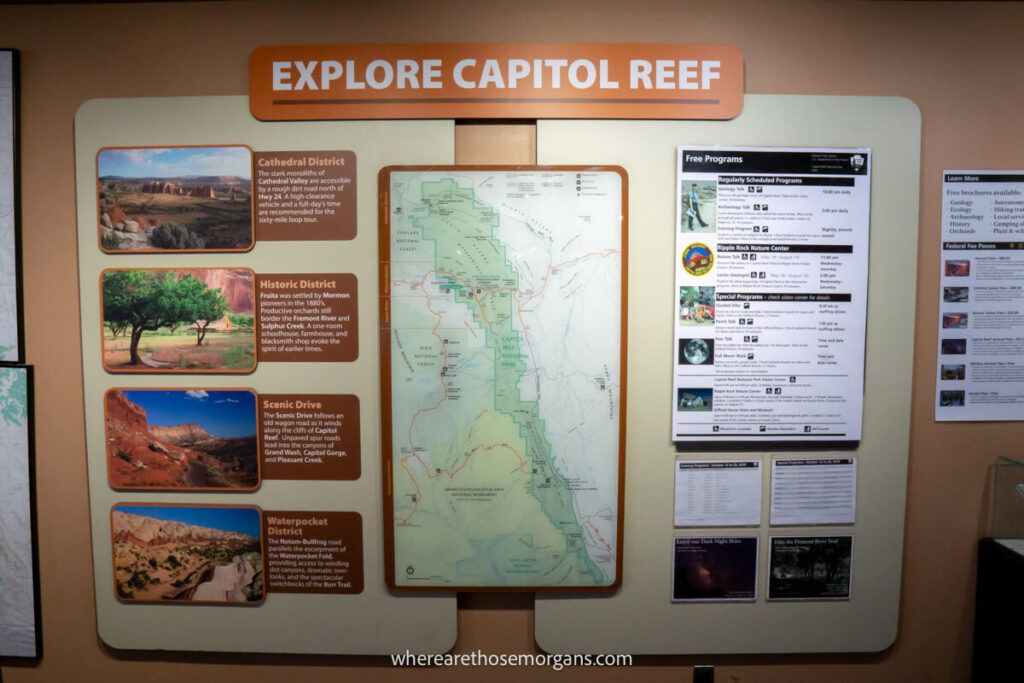 Signs discussing the Cathedral District, the Historic District and the Waterpocket District in Capitol Reef