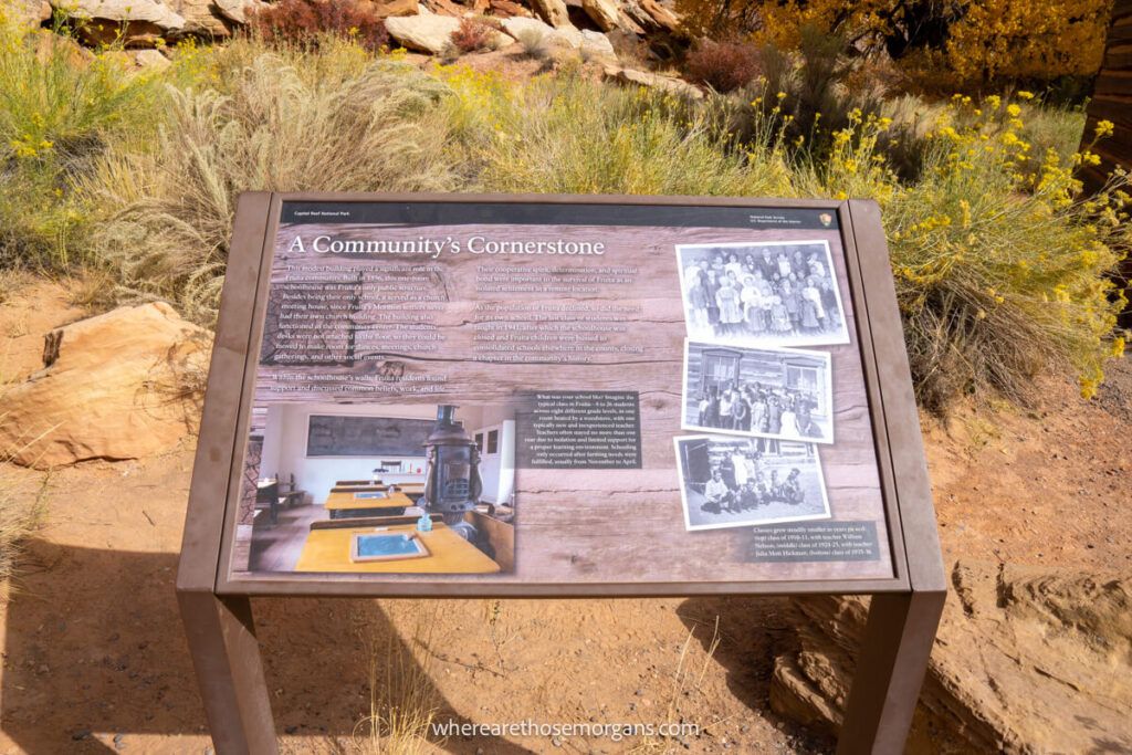 A informational sign about the first settlers in Capitol Reef