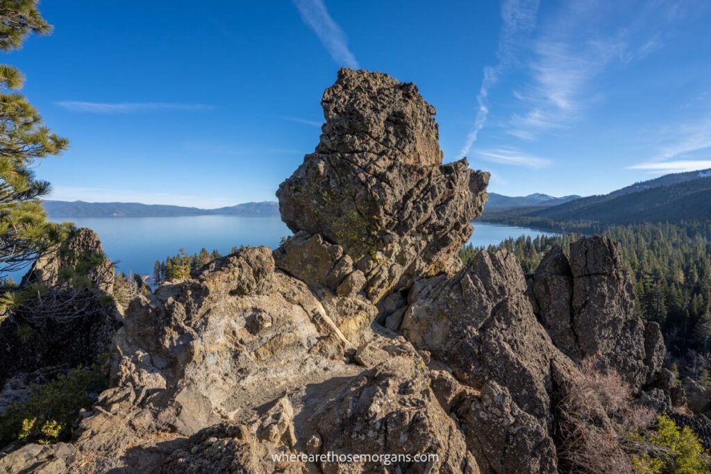Huge rugged boulders and rocks at the summit of a hike in California