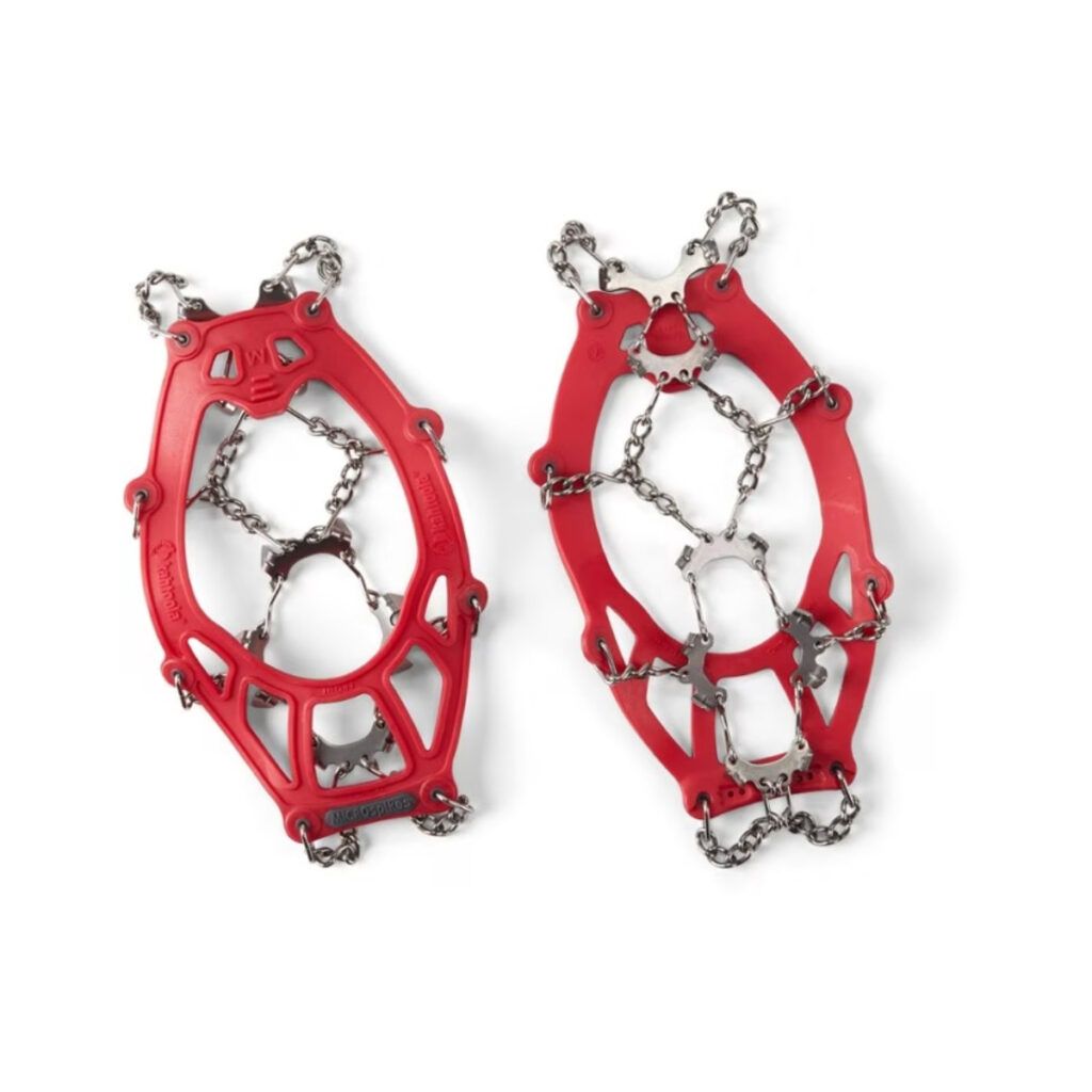 A pair of red Kahtoola MICROspikes for hiking in the winter