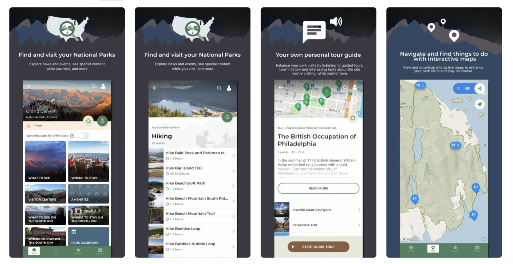 Snapshots of the national park service app for US travel