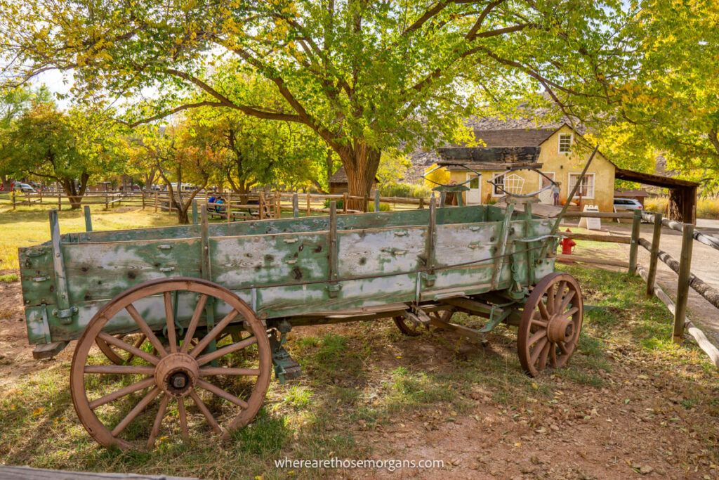 Remnants of an old green wagon used by settlers in Utah