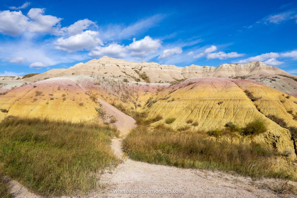 Bright yellow and red colorful mounds at an overlook in Badlands