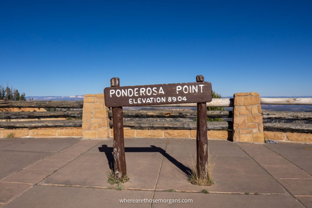 Ponderosa Point sign marker in Bryce Canyon showing elevation of 8904 feet