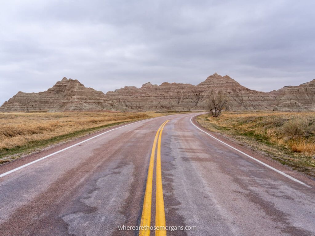 Road weaving through Badlands National Park