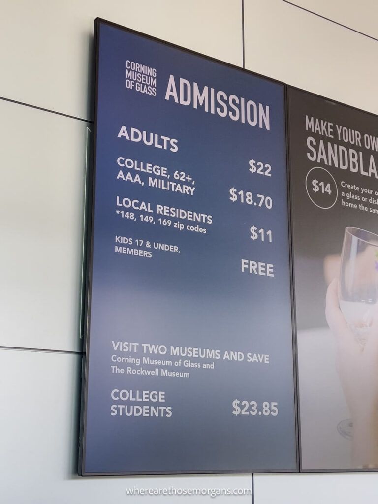 Admission ticket prices for the Corning Museum of Glass